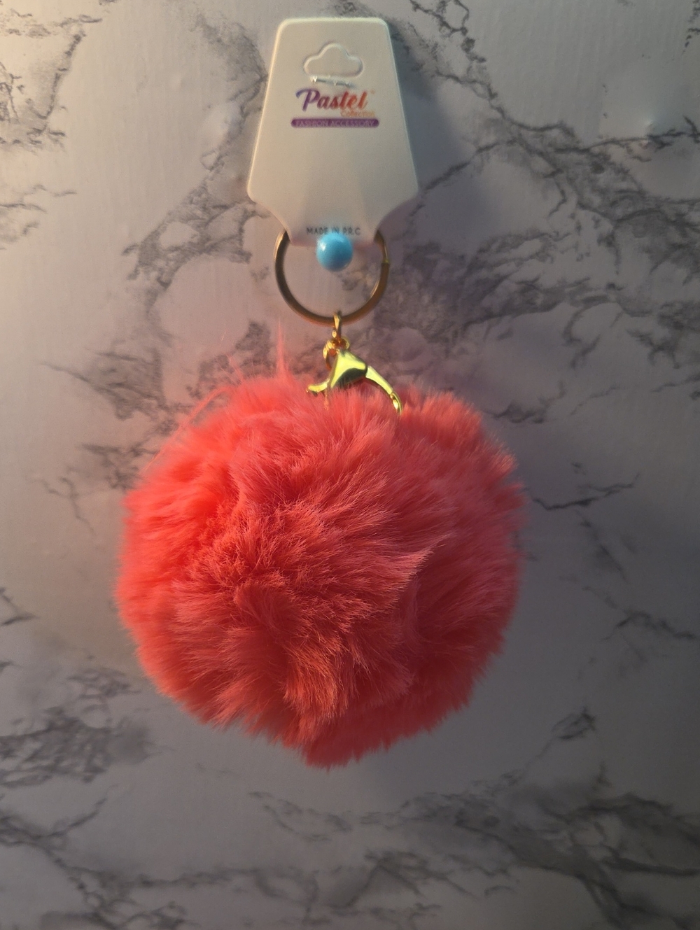 5 For 25 0r 10 Each Pastels Coral-Orange Fluffy Pom Pom Key Ring with Gold Clip